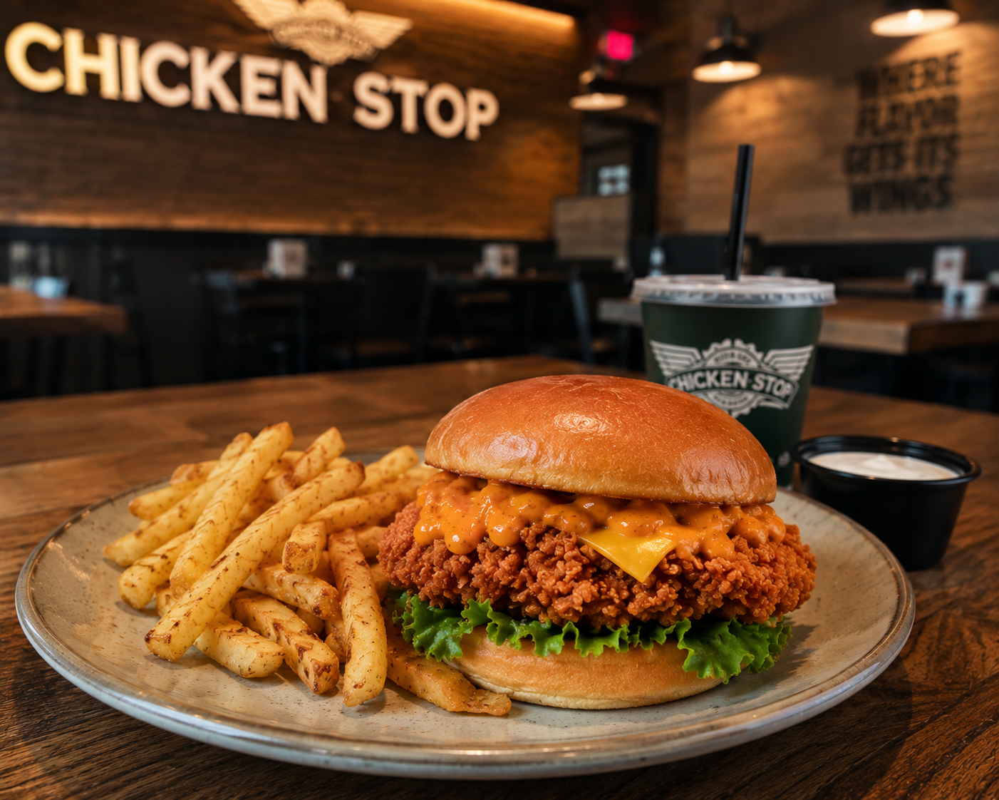 Chicken Stop Burger mit Pommes